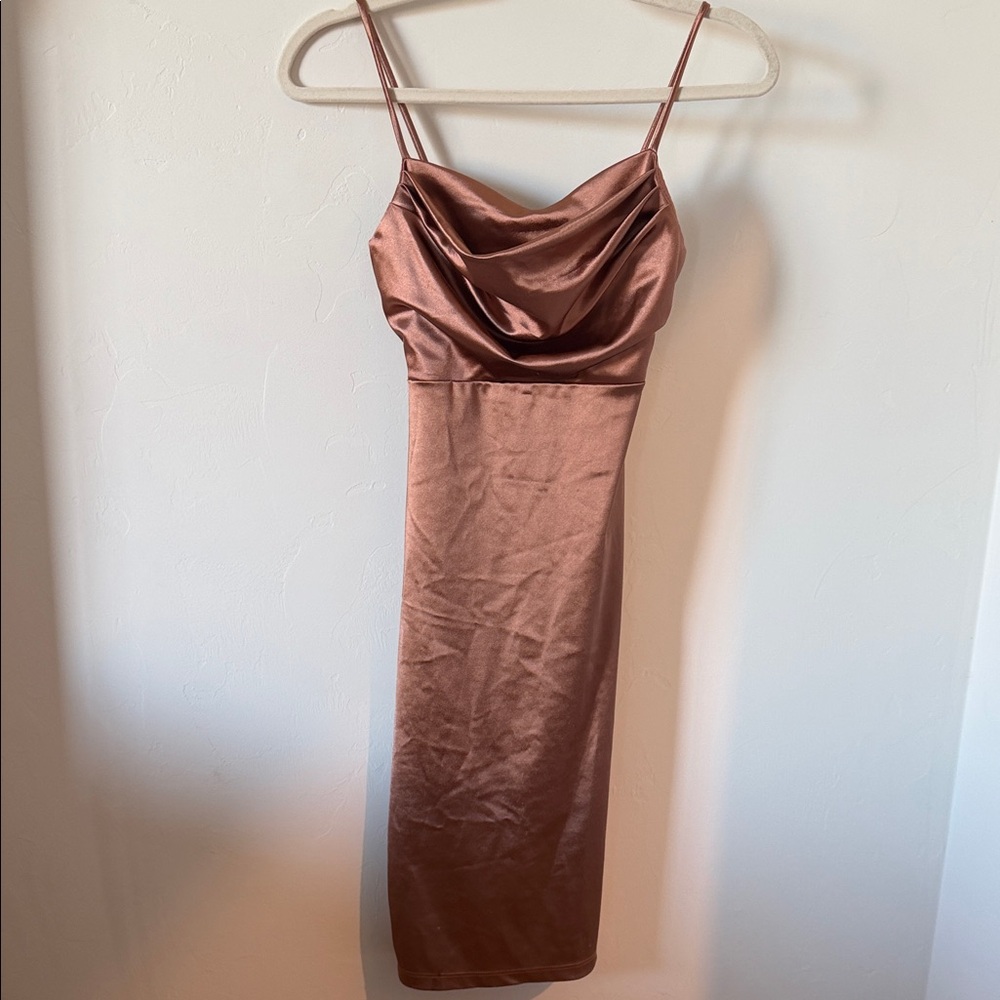 Satin Cowl Neck Slip Dress in Bronze